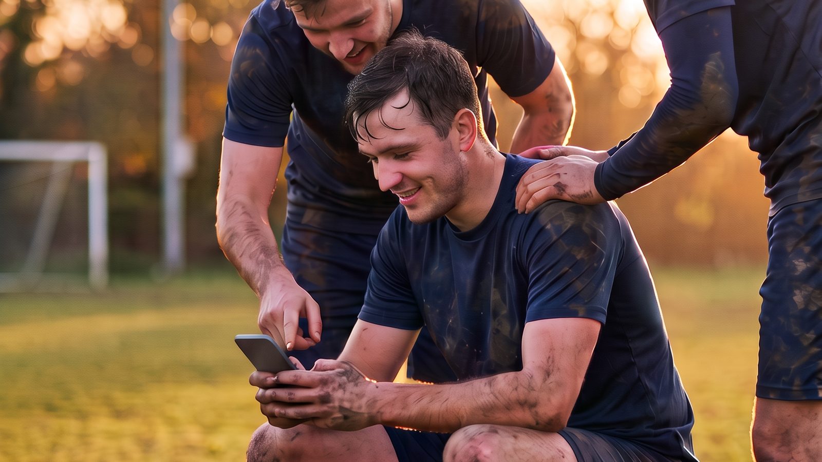 Drei Fußballer nach dem Spiel schauen gemeinsam auf ein Handy